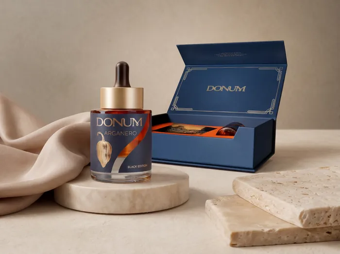 Flakon und geöffnete Geschenkbox auf Travertin