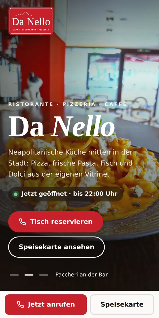 Startseite der Website für eine Pizzeria, mobile Ansicht