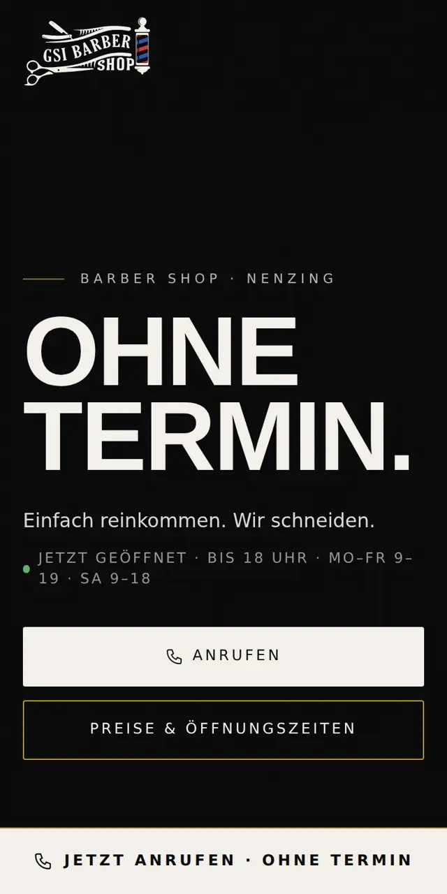 Startseite der Website für einen Barbershop, mobile Ansicht